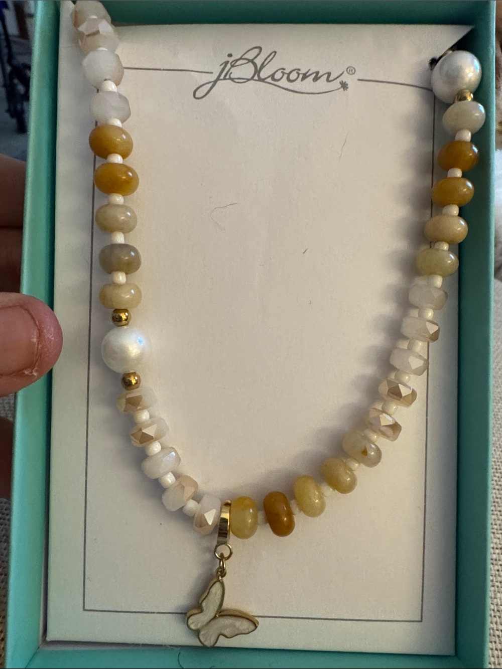 bloom Gold and White Beaded Butterfly Pendant Necklace trendy fashion jewelry